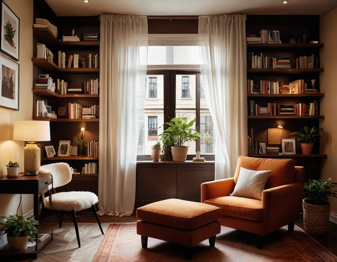 A luxurious apartment with a cozy reading nook, featuring a plush armchair, a soft blanket, and an elegant bookshelf filled with warm lighting. Include a window with curtains fluttering in the breeze, a small indoor plant, and art pieces that evoke comfort and style. The room should radiate a warm, inviting atmosphere with rich textures and colors. super-realistic. warm colors. soft lighting.