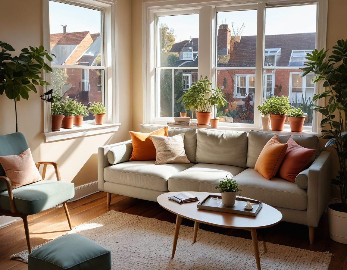A cozy living room filled with warm sunlight, showcasing a comfortable sofa, potted plants, and a coffee table adorned with an open guidebook titled 'Flat Hunting Made Easy'. Include a window with a view of a charming neighborhood. Soft color palette with inviting tones. super-realistic. vibrant colors.